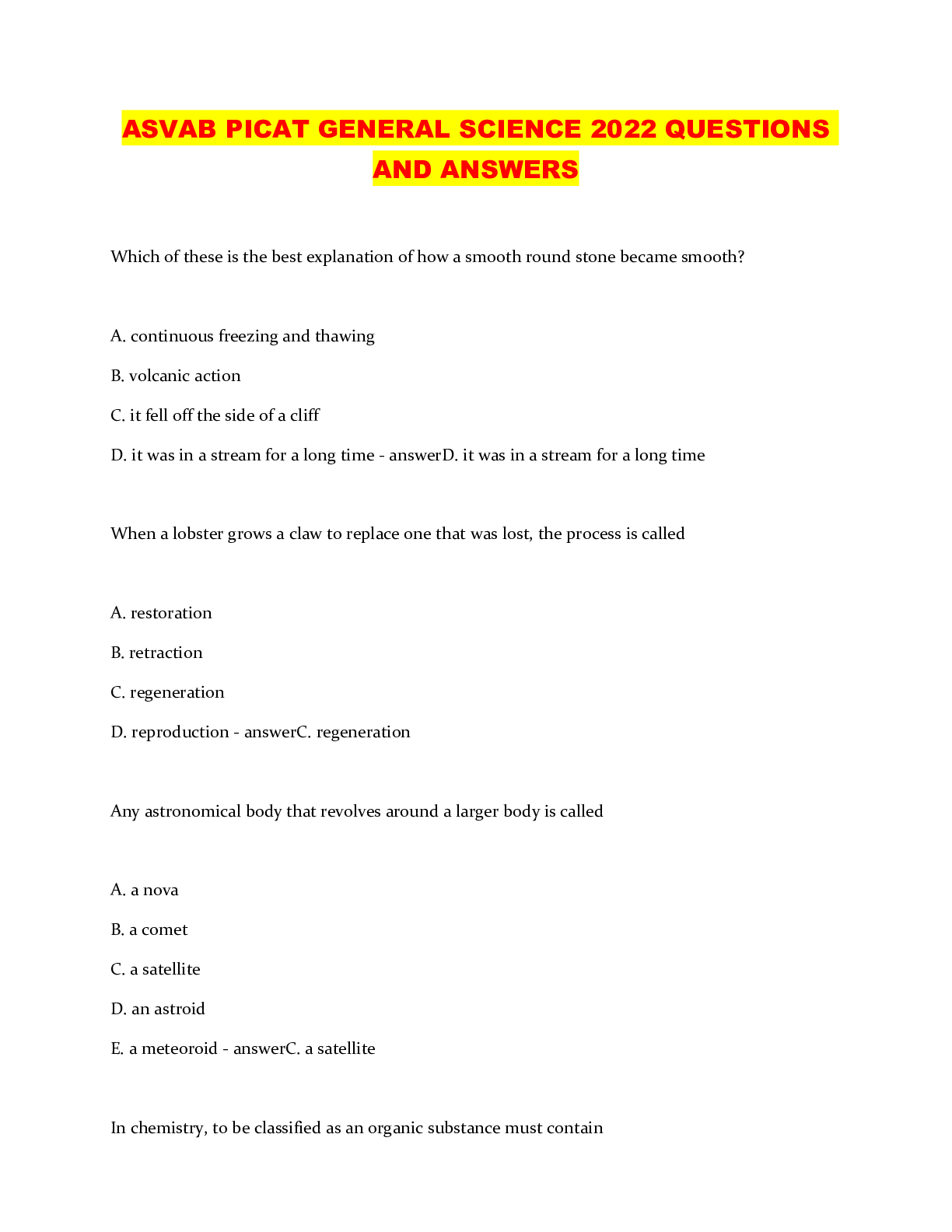 Preview of ASVAB PICAT GENERAL SCIENCE 2022 QUESTIONS AND ANSWERS